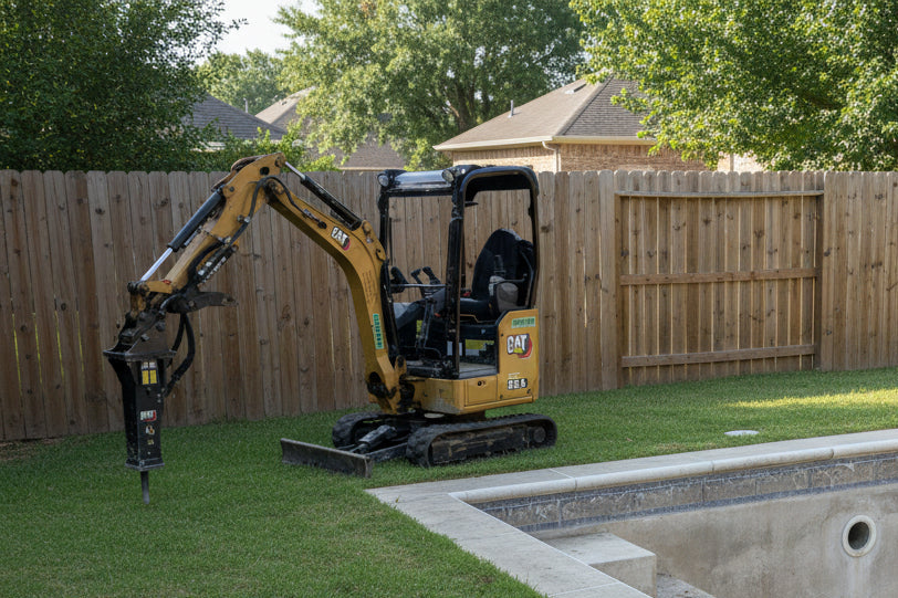 Caterpillar mini excavator on a road with a building and blue sky in the background