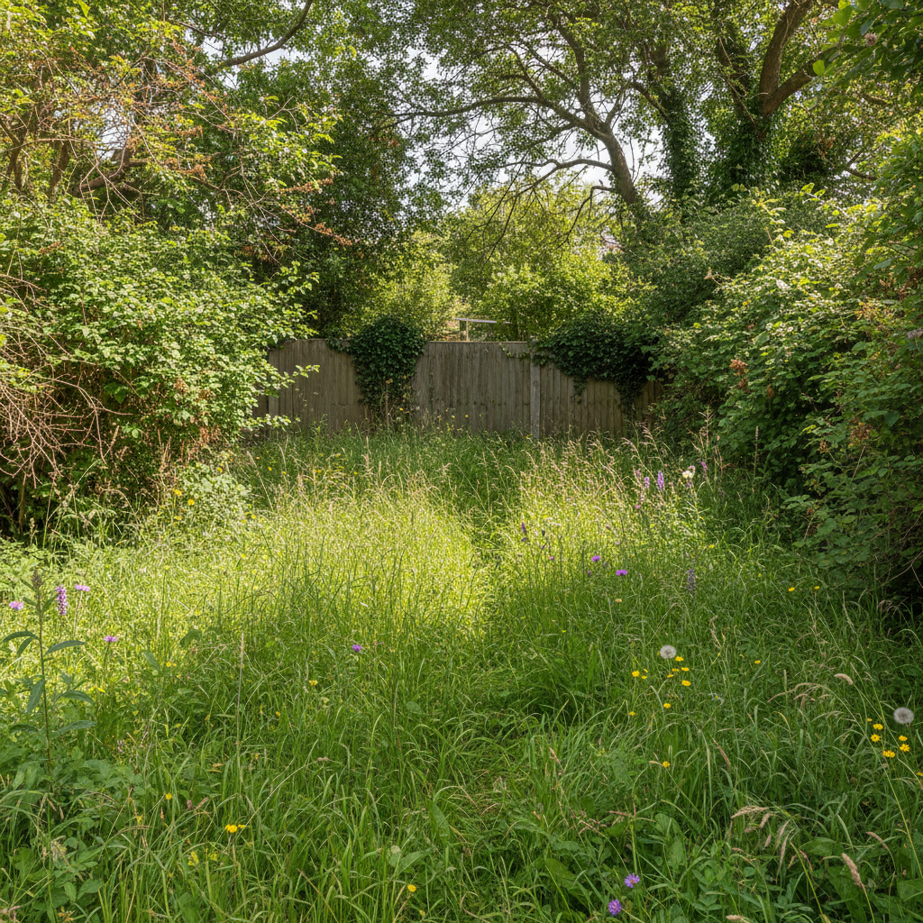 create a product image of an overgrown back yard