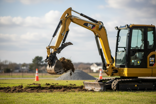 create an image of a cat 301.5 excavator on the right hand side frame removing turf 