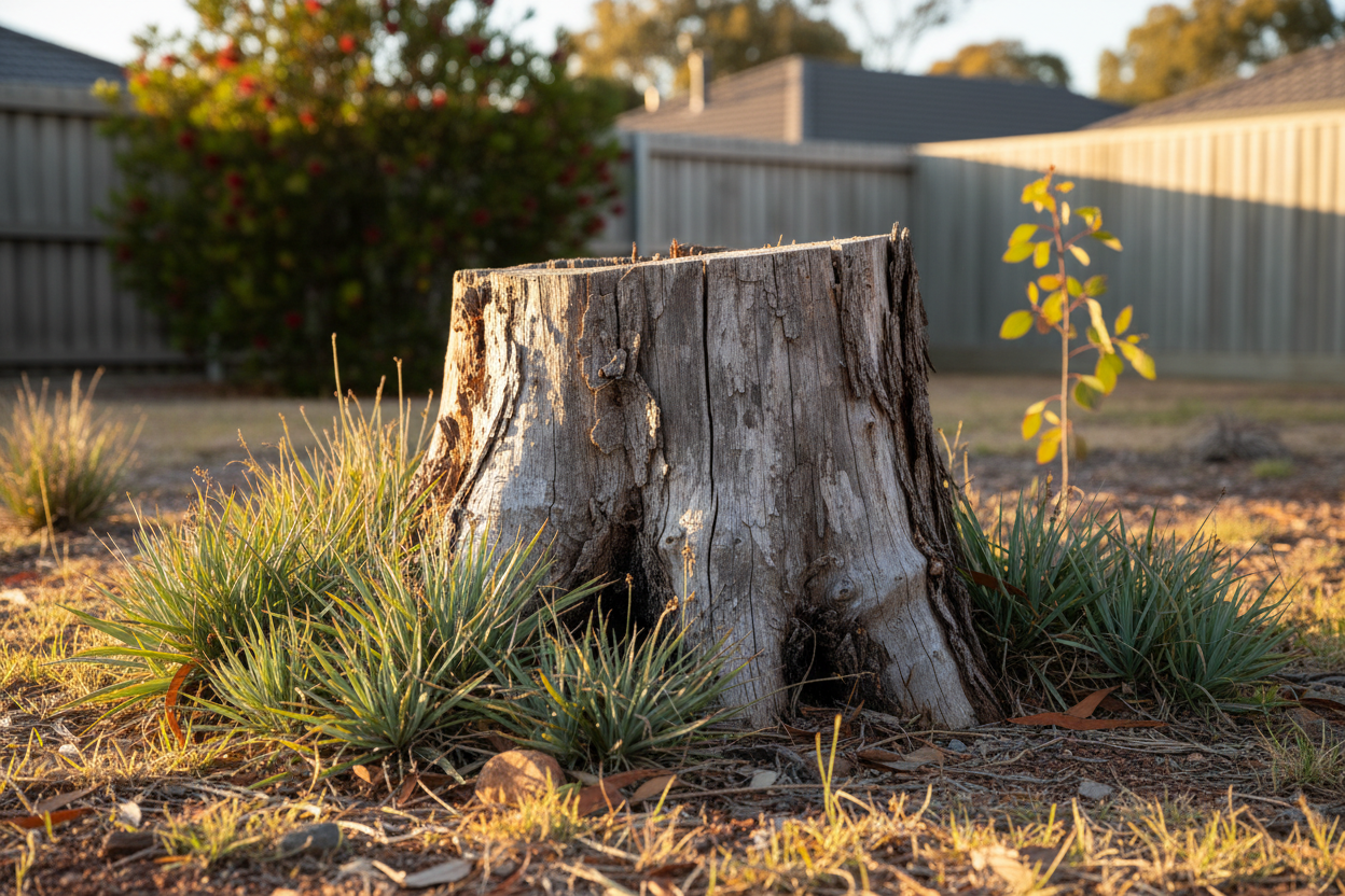 generate an image of a small stump in an australian backyard